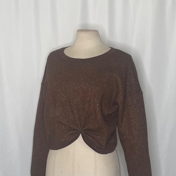 ANTHROPOLOGIE Gemini Metallic Shimmer Sweater Cropped Twist Front Knitwear Large - Picture 6 of 12
